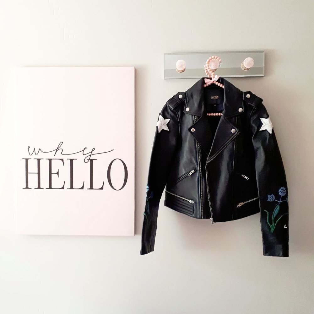 NWT Maje black leather patch embroidered “Dream Tomorrow” moto biker jacket, S - Picture 8 of 15